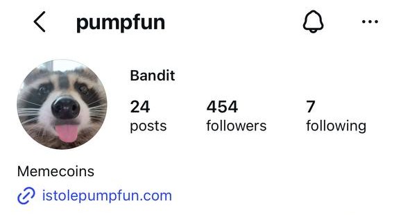 Screenshot of the @pumpfun Instagram profile, run by Bandit the raccoon